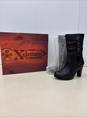 NWT Xelement Black Mid-Calf Heeled Buckle Boots Motorcycle Boots